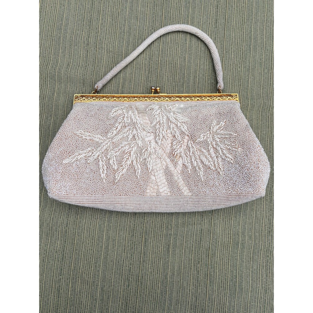White Beaded Handbag Palm Tree Tropical Design Made in Hong Kong 1960s